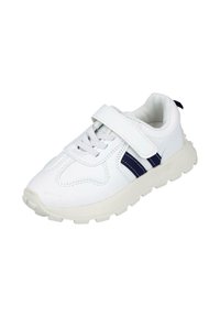 Zapatilla blanca con parte superior de malla y sintético, que cuenta con una correa de velcro, cierre de cordones y acentos en azul marino en los lados. Suela de goma gruesa.