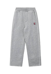 Grijze trainingsbroek van een zachte katoenmix, met zijzakken en een klein geborduurd ontwerp op de dij, met contrasterende witte strepen.