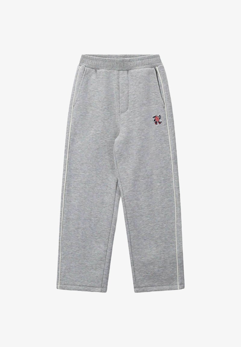 Gray sweatpants made of soft cotton blend fabric, featuring side pockets and a small embroidered design on the thigh, with contrasting white stripes.