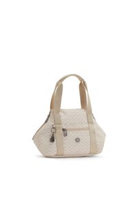 Beige mønstret håndtaske med to korte håndtag, lynlåslukning, frontlomme og dekorativ vedhæng. Tekstureret stof med geometrisk design.