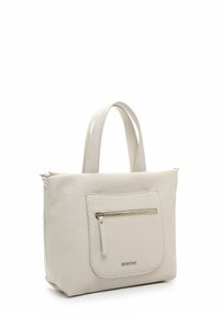 Bolso de mano de cuero blanco con acabado texturizado, dos asas resistentes y un bolsillo con cremallera en la parte frontal. Presenta sutiles acentos en oro.
