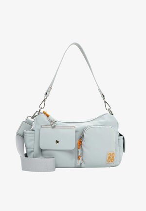 Sac synthétique gris clair avec bandoulière réglable, compartiments zippés et une fermeture éclair accentuée orange. Comprend une poche avant avec fermeture à bouton-pression.