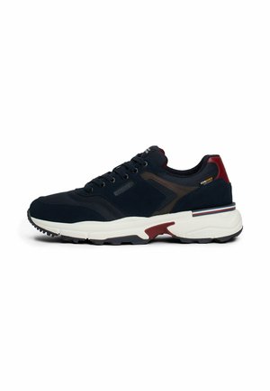 Granatowe buty sportowe z zamszową i siateczkową cholewką, białą podeszwą środkową i czerwonymi akcentami. Posiadają sznurówki oraz fakturowaną gumową podeszwę.