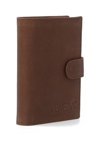Brun læderpung med glat tekstur, rektangulær form og en trykknaplukning. Har præget "VENEZIA" branding på forsiden.