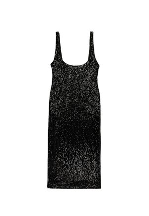Schwarzes ärmelloses Midikleid mit Rundhalsausschnitt und silbernem Paillettenmuster auf dem gesamten Stoff vor weißem Hintergrund.