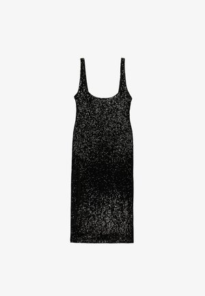 Schwarzes ärmelloses Midikleid mit Rundhalsausschnitt und silbernem Paillettenmuster auf dem gesamten Stoff vor weißem Hintergrund.