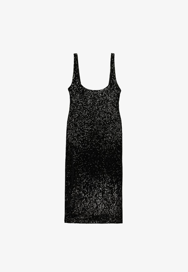Schwarzes ärmelloses Midikleid mit Rundhalsausschnitt und silbernem Paillettenmuster auf dem gesamten Stoff vor weißem Hintergrund.
