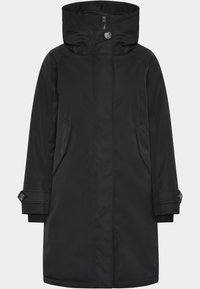Zwarte waterdichte parka jas met hoge kraag, ritsluiting, twee zijzakken en knoopaccenten op de mouwen. Gladde textuur.