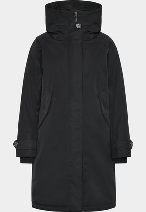 Zwarte waterdichte parka jas met hoge kraag, ritsluiting, twee zijzakken en knoopaccenten op de mouwen. Gladde textuur.