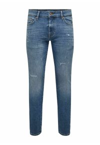 Jeans de mezclilla azul con un corte ajustado, que presentan un lavado descolorido, leve destrucción, cinco bolsillos y un cierre de cremallera con botón.