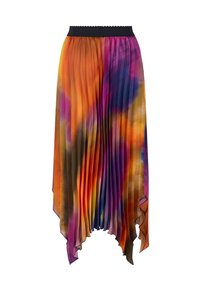 Fodrad midikjol med hög-låg nederkant, tillverkad av lättviktsmaterial i livfulla orange, lila och blå batikmönster med en svart midja.