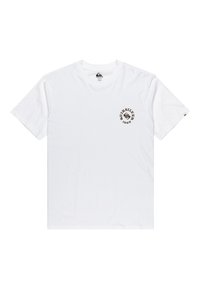 Biela bavlnená tričko s okrúhlym čiernym logom na ľavej strane hrudi s nápisom "QUIKSILVER 1969." Krátke rukávy a dizajn s okrúhlym výstrihom.
