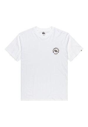 Biała bawełniana koszulka z okrągłym czarnym logo na lewej piersi z napisem "QUIKSILVER 1969". Krótkie rękawy i okrągły dekolt.