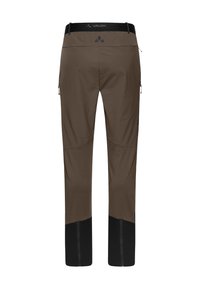 Bruine outdoor broek met zwarte onderdelen, voorzien van ritszakken en een duurzame tailleband. Gemaakt van flexibel, ademend materiaal.