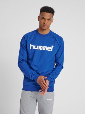 Young man wearing blue hummel sweatshirt and light grey hummel sweatpants, standing with hands clasped against plain background.