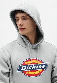 Lysegrå hættetrøje med et stort, flerfarvet cirkulært logo med "Dickies." Blødt stof, hætte med snoretræk og frontlomme til hænderne.