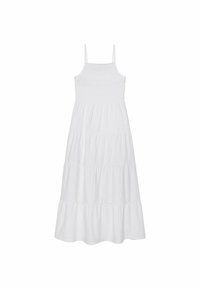 Weißes Sommerkleid mit Spaghettiträgern, gerafftem Oberteil und mehrlagigem Rüschendesign. Hergestellt aus leichtem Stoff, hat es eine fließende, A-Linien-Form.