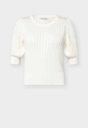 Valge soonikkoes lühikeste pahkluuvarrukatega kampsun, millel on ümmargune kaelus ja istuvad mansetid, tootjaks Rue de Femme.