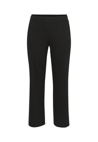 Pantalons noirs à jambe droite en matière extensible. Dotés d'une taille élastique et sans poches visibles. Texture lisse avec une finition uniforme.