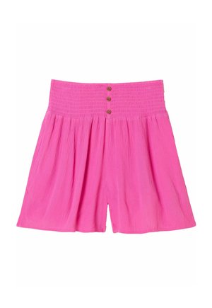 Hoch taillierte, leuchtend pinke Shorts aus strukturiertem Stoff mit drei braunen Knöpfen am elastischen Bundesbund.