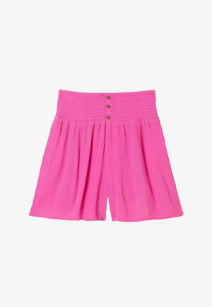 Augsta vidukļa gaiši rozā šorti ar teksturētu audumu un trim brūnām pogām uz elastīgā jostasvietas gumijas.