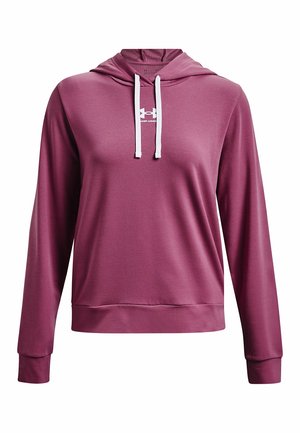 Bluza z kapturem w kolorze wrzosowym z białymi sznurkami i logo Under Armour na piersi, z dopasowanym pasem i mankietami.