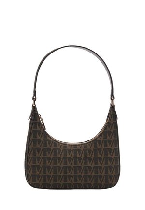 Petit sac à épaule marron et noir avec un motif géométrique répétitif et un unique compartiment zippé.