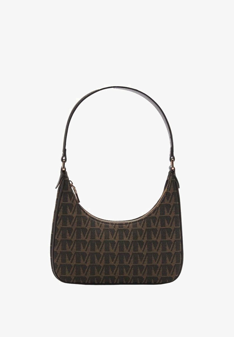 Petit sac à épaule marron et noir avec un motif géométrique répétitif et un unique compartiment zippé.