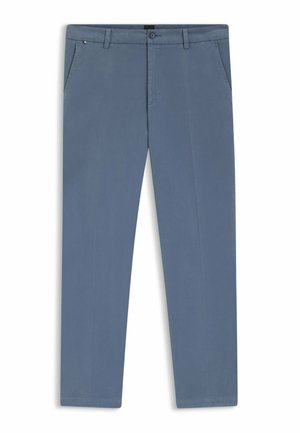 Blue slim-fit trousers with belt loops, front pockets, button closure, and zipper fly, displayed against a white background.