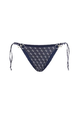 Navy bikini dół z białym geometrycznym wzorem, z akcentami ze złotego metalu i regulowanymi sznurowaniami po obu stronach. Gładki materiał nylonowy.