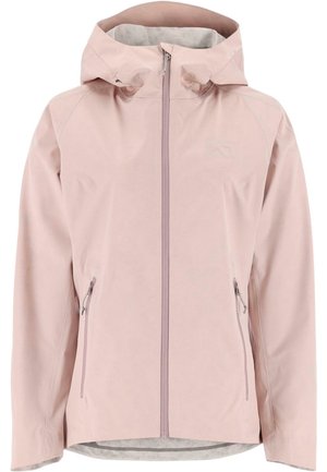 Vaaleanpunainen vedenpitävä takki, jossa on etuvetoketju, kaksi sivutaskua ja huppu. Sen pinnassa on sileä rakenne ja kainalossa hillitty logo.