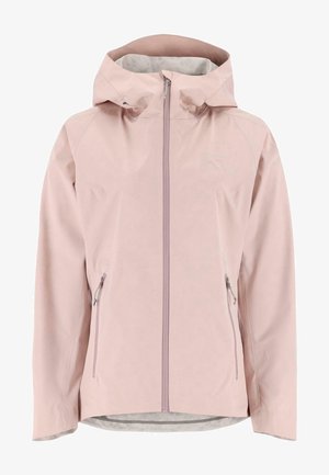 Vaaleanpunainen vedenpitävä takki, jossa on etuvetoketju, kaksi sivutaskua ja huppu. Sen pinnassa on sileä rakenne ja kainalossa hillitty logo.