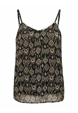Czarny top na ramiączkach z beżowym i jasnoróżowym geometrycznym oraz kwiatowym wzorem, cienkie regulowane ramiączka, lekka tkanina.