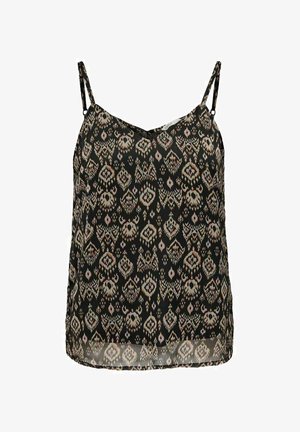 Musta hihaton kietaisupaita, jossa on beige ja vaaleanpunainen geometrinen ja kukkakuvio, ohuet säädettävät olkaimet, kevyt kangas.