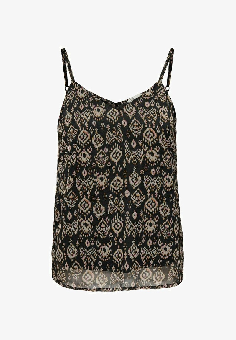 Haut caraco noir sans manches avec motif géométrique et floral beige et rose clair, bretelles fines ajustables, tissu léger.