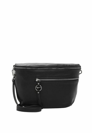Black leather crossbody bag with two horizontal silver zippers and adjustable strap on a white background.