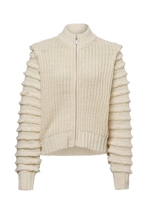 Cremefarbener, kurz geschnittener Pullover mit hohem Kragen, Reißverschluss und strukturiertem Rippenmuster, ausgestattet mit geschichteten, gerüschten Akzenten an den Ärmeln.