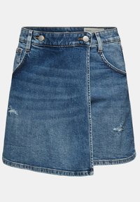 Jeansrock mit zweifarbigem Design, rohem Saum und Used-Details. Helle und dunkle Blautöne mit klassischem Fünf-Taschen-Stil.