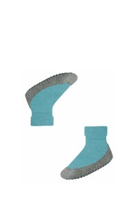 Getextureerde blauwe sokken met een grijze zool, voorzien van een gebreid boord. Het ontwerp bevat een contrasterend kleurenblok bij de hiel en de teen.