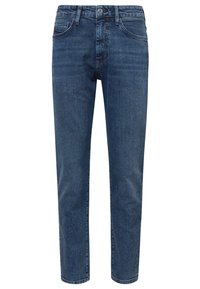 Vaqueros clásicos para hombre de corte recto en denim azul con bolsillos delanteros, trabillas para cinturón y cierre de botón, mostrados sobre un fondo blanco.