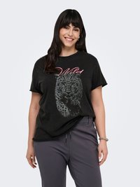Black short-sleeve t-shirt with a leopard graphic and "Wild" text in pink. Soft fabric, relaxed fit, and a slight texture.