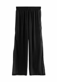 Pantaloni neri a gamba larga con vita elasticizzata e pannelli laterali trasparenti. Tessuto leggero con una trama liscia. Vestibilità casual e morbida.