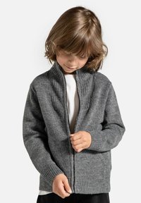 Szary kardigan zapinany na zamek błyskawiczny, z prążkowanym kołnierzem i mankietami, wykonany z teksturowanego dzianinowego materiału. Fason klasyczny z bocznymi kieszeniami.