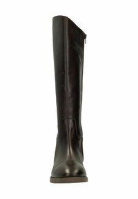 Zwarte leren kniehigh laars met een ronde neus, een gladde textuur en een zijrits. Heeft een minimalistisch ontwerp en een platte zool.