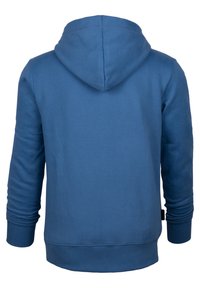 Blaue Kapuzenjacke mit langen Ärmeln, gerippten Bündchen und einem gerippten Saum. Glatte Textur, einfarbig und eine Rückansicht mit Kapuze.