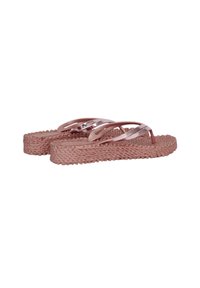 Pink braided flip-flops with three narrow, shiny straps and textured sole. Designed for casual wear, showcasing a simple and functional style.