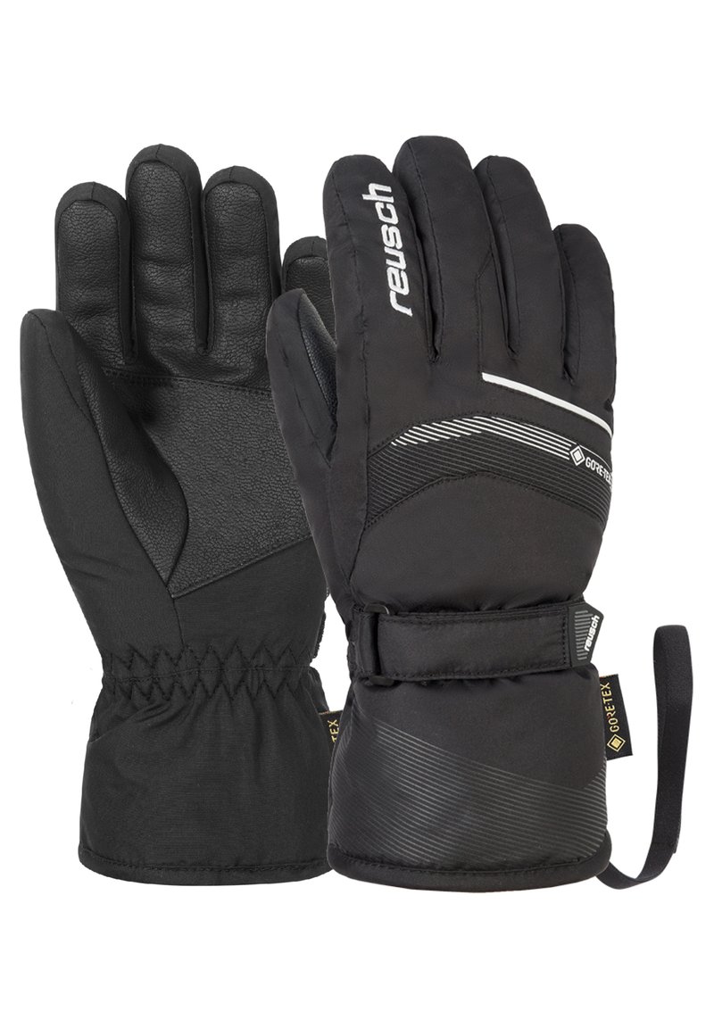Guanti invernali neri con palmo in pelle texturizzata, polsini elasticizzati e etichetta GORE-TEX. Caratterizzati da un design elegante con accenti e cuciture bianche.