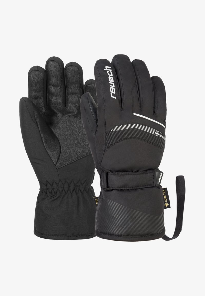 Guantes de invierno negros con palma de cuero texturizado, puño elástico y etiqueta GORE-TEX. Presentan un diseño elegante con acentos y costuras blancas.
