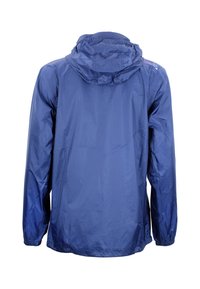 Veste imperméable bleu marine avec capuche, dotée de poignets élastiques et d'une texture lisse et brillante. La vue arrière montre un design minimaliste.