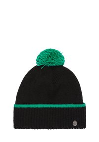 Czarna, dziana czapka beanie z zielonym pomponem na szczycie i zieloną opaską wokół brzegu. Posiada mały metalowy akcent z logo po boku.